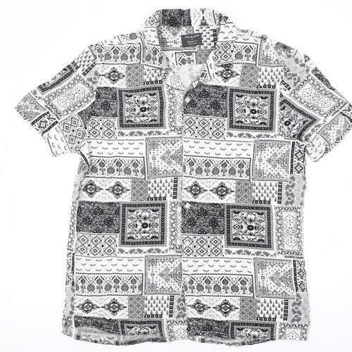 Primark Mens XL Black White Geometric Short Sleeve Button-Up Shirt