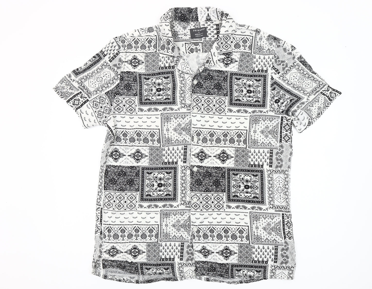 Primark Mens XL Black White Geometric Short Sleeve Button-Up Shirt