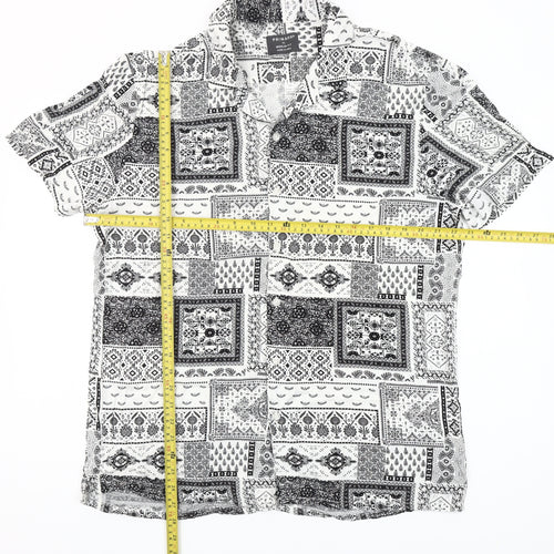 Primark Mens XL Black White Geometric Short Sleeve Button-Up Shirt