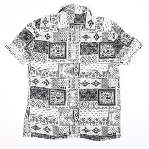 Primark Mens XL Black White Geometric Short Sleeve Button-Up Shirt