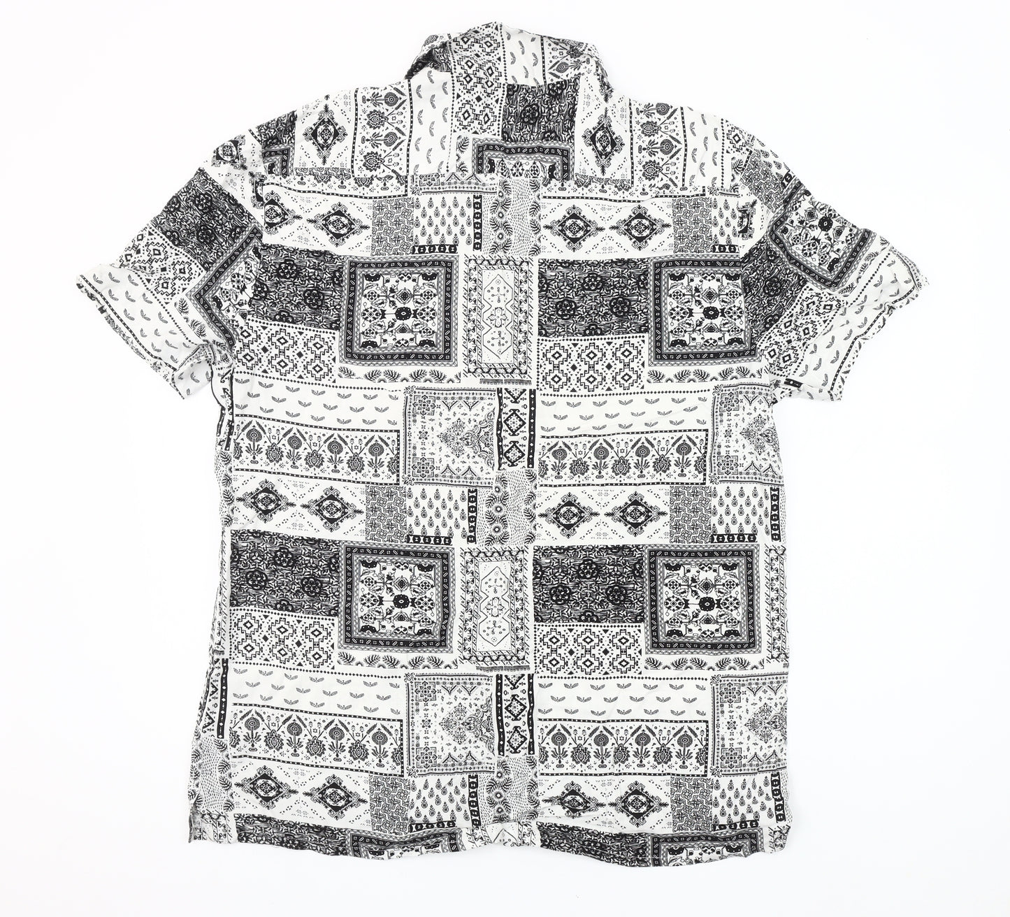 Primark Mens XL Black White Geometric Short Sleeve Button-Up Shirt