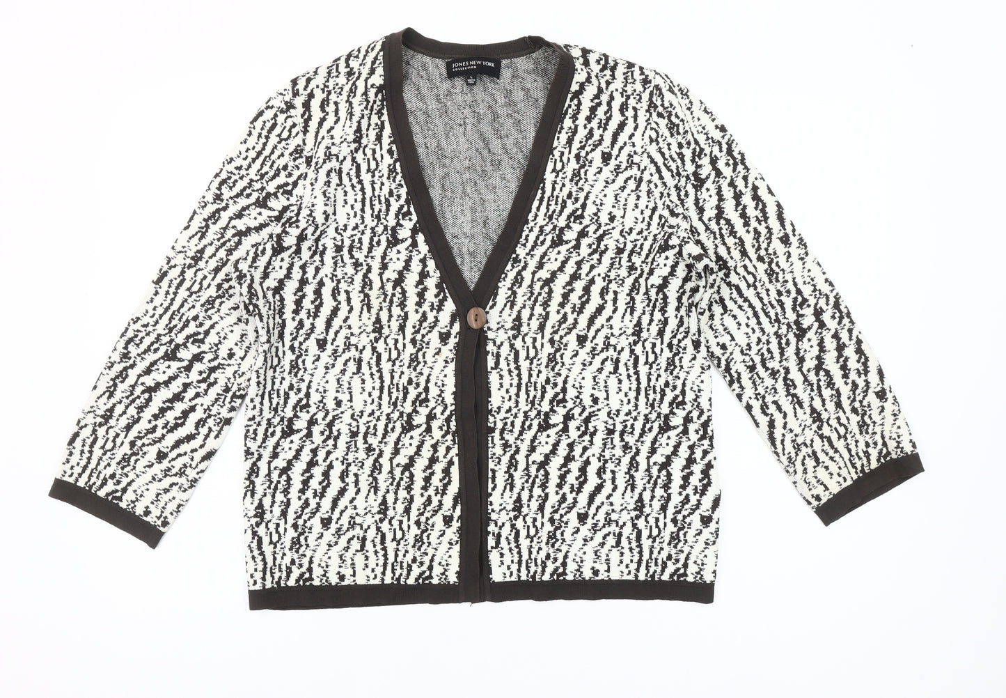 Jones New York Womens Black White Animal Print Cardigan L