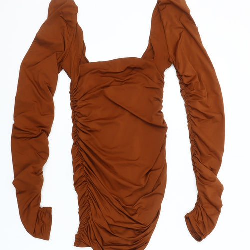 Oh Polly Women Brown Size 10 Bodycon Mini Dress Long Sleeve Ruched