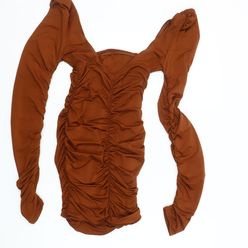 Oh Polly Women Brown Size 10 Bodycon Mini Dress Long Sleeve Ruched