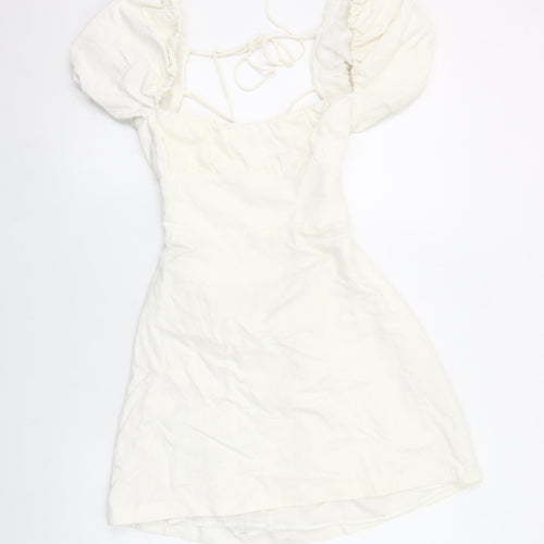 Zara Women’s Ivory Mini Puff Sleeve Square Neck Dress Size 14