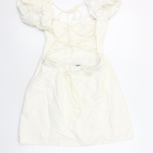 Zara Women’s Ivory Mini Puff Sleeve Square Neck Dress Size 14