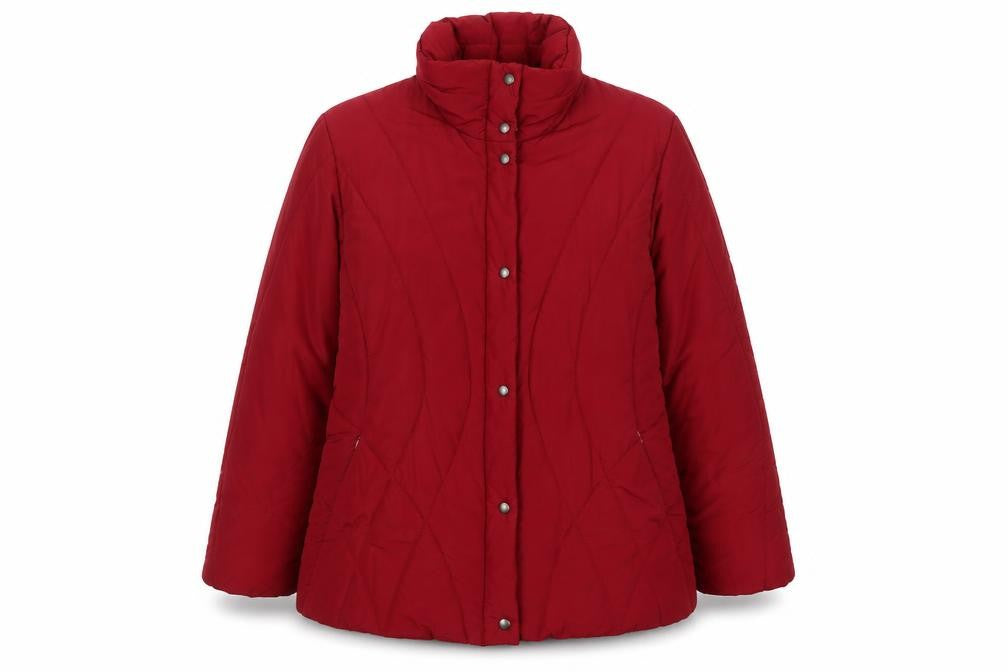 Front view of Olsen women’s red, size UK 12, puffer jacket quilted mid length winter coat