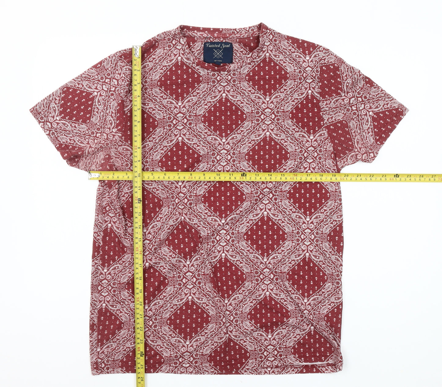 Twisted Soul Men Red Paisley Cotton T-Shirt Size L Crew Neck