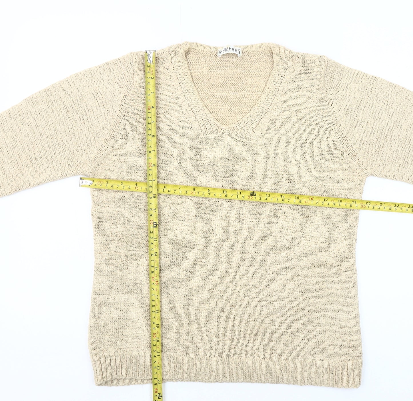 Gollehaug Womens Beige V-Neck Pullover Jumper Size 10 Knit