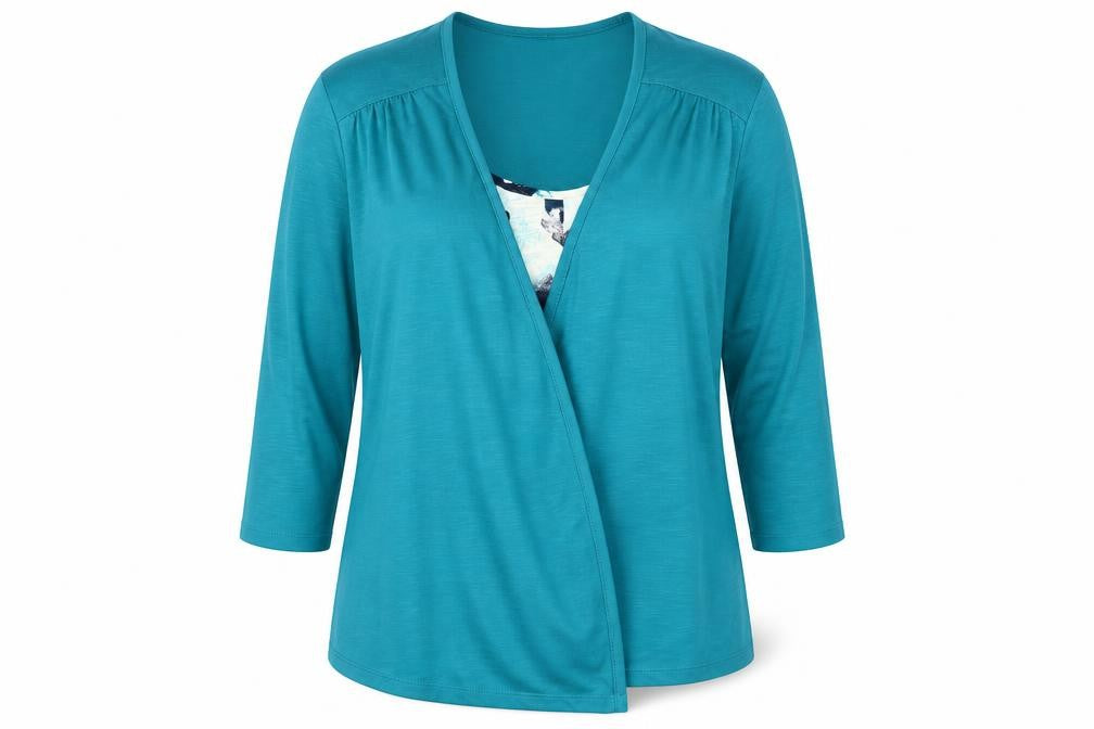 Front view of Debenhams women’s blue wrap blouse, size UK 16, v-neck 3/4 sleeve