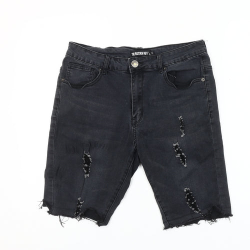 The Rockn Rev Men’s Black Denim Bermuda Shorts Size 34 Slim Fit Distressed