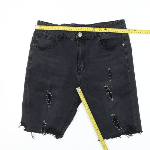 The Rockn Rev Men’s Black Denim Bermuda Shorts Size 34 Slim Fit Distressed