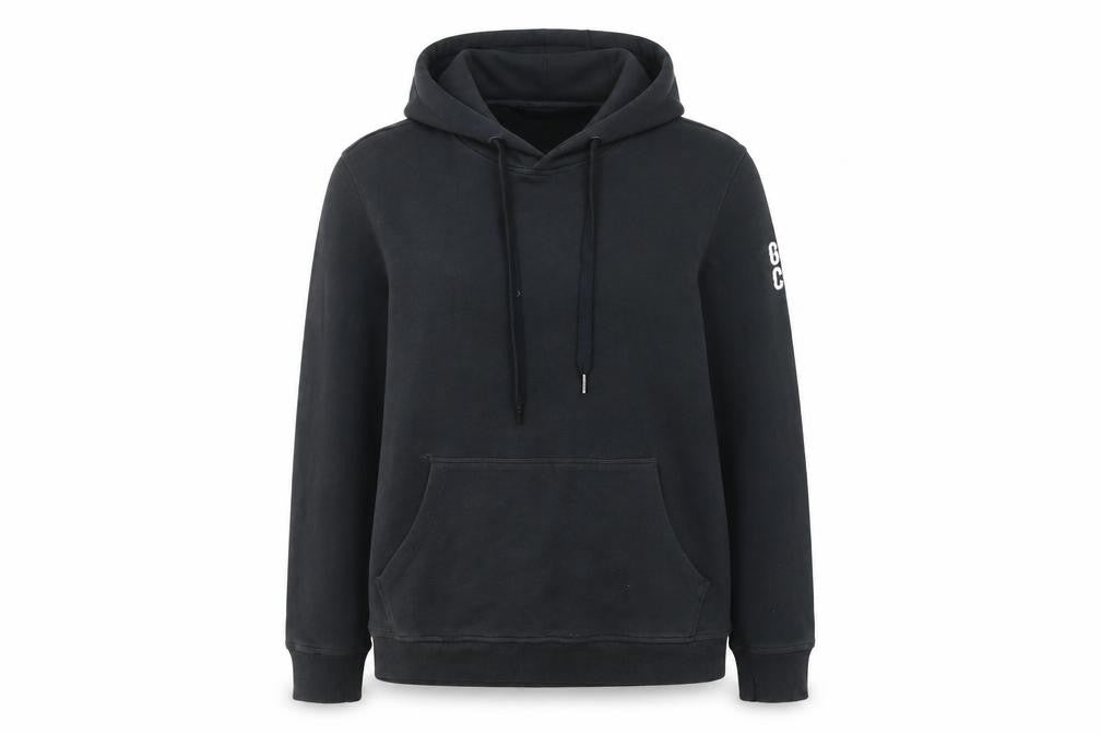Front view of Gym+Coffee Women’s Black Pullover Hoodie Medium With Logo Accents