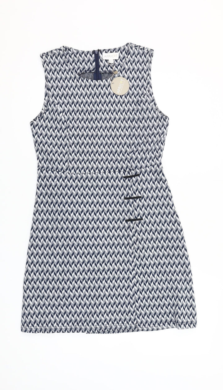 Apricot Women’s Blue Geometric Sheath Dress Size 10 Sleeveless Short