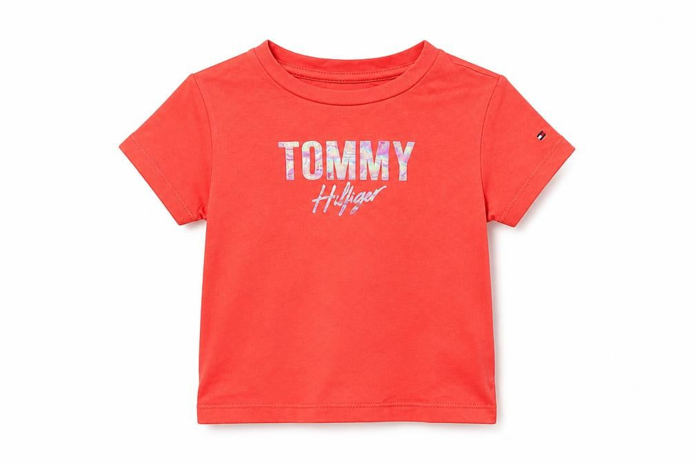 Tommy Hilfiger Girls Red Logo T-Shirt 9-12 Months Short Sleeve Cotton