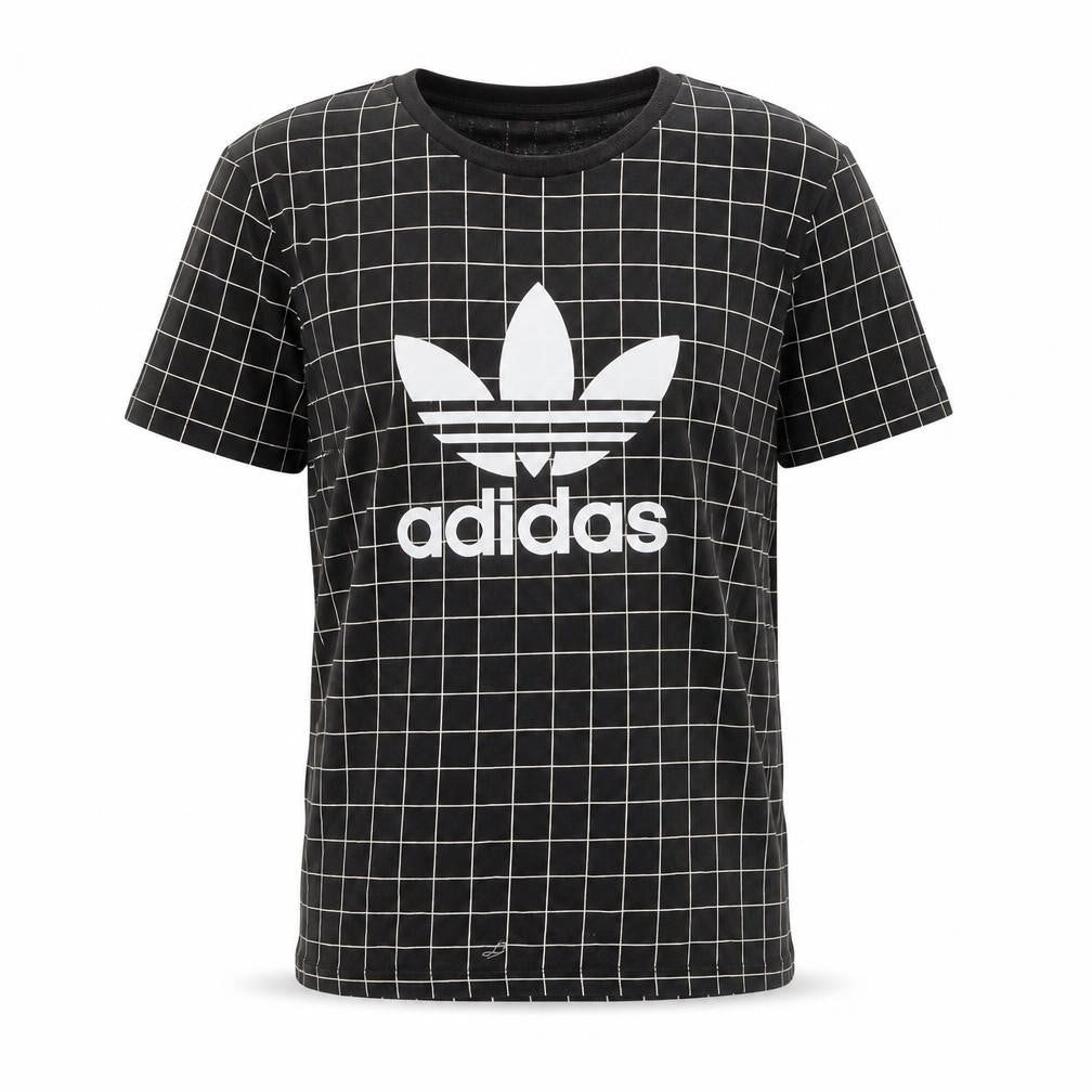 Front view of Adidas Men's Black Small Check Logo Graphic Cotton T-Shirt