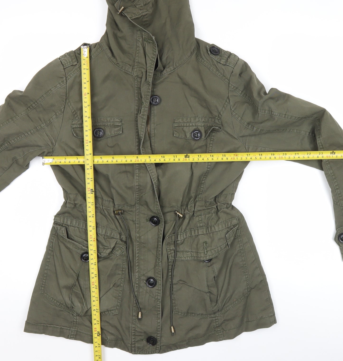 Kelyna Paris Women’s Green Cotton Military Jacket S Hooded Pockets