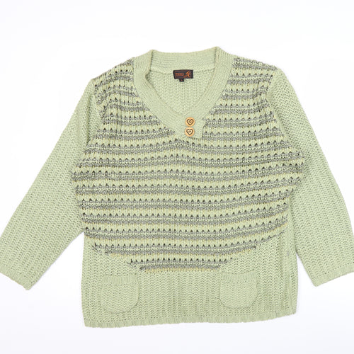 Tivoli Womens Green L Chunky Knit V-Neck Pullover Jumper
