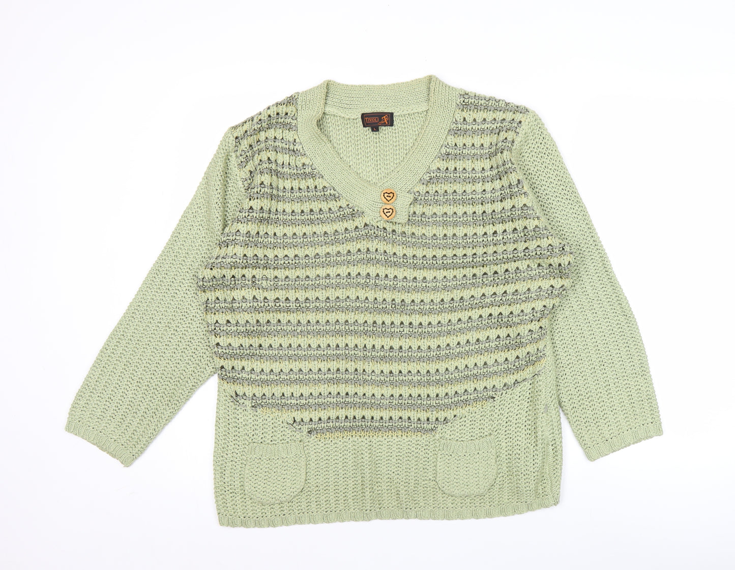 Tivoli Womens Green L Chunky Knit V-Neck Pullover Jumper