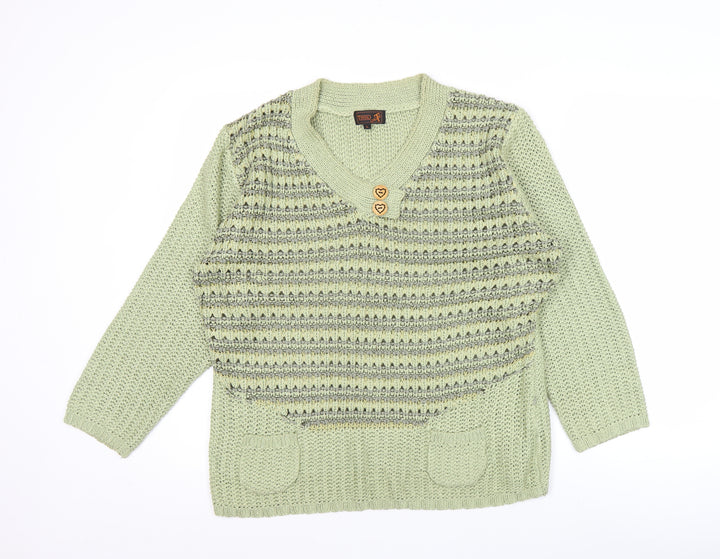 Tivoli Womens Green L Chunky Knit V-Neck Pullover Jumper
