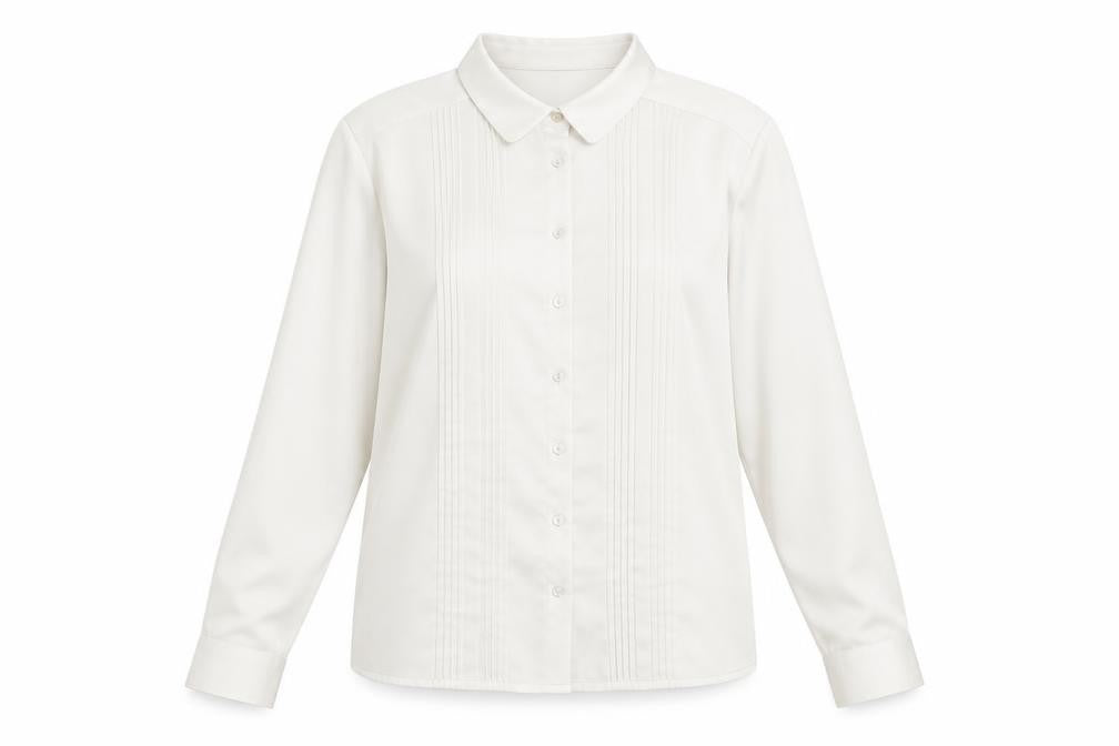 Front view of Viyella women’s white polyester long sleeve collared blouse, size UK 12