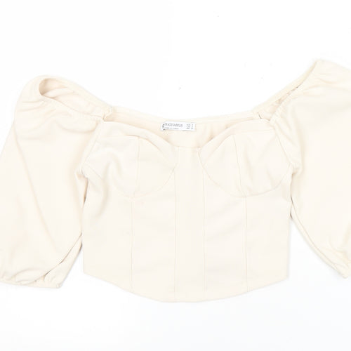 Stradivarius Women Ivory Cropped Puff Sleeve Blouse Size 8
