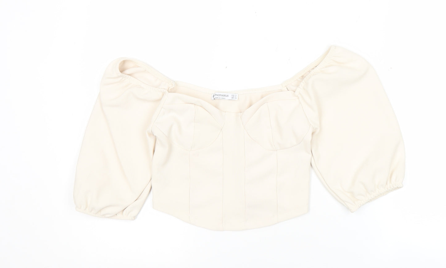 Stradivarius Women Ivory Cropped Puff Sleeve Blouse Size 8