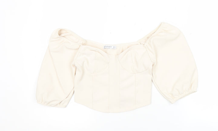 Stradivarius Women Ivory Cropped Puff Sleeve Blouse Size 8