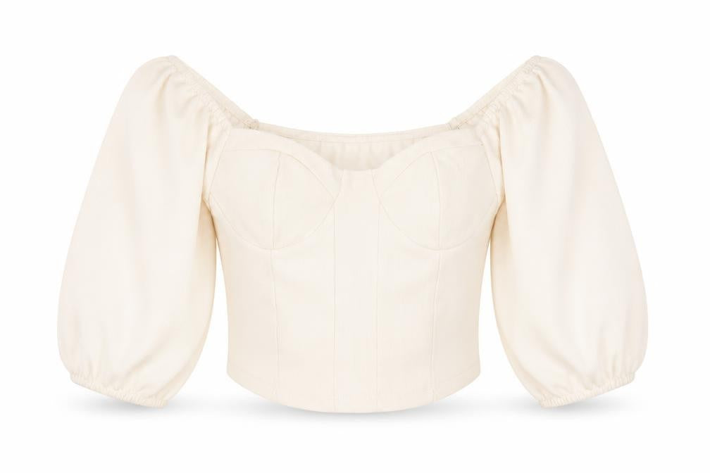 Front view of Stradivarius Women Ivory Cropped Puff Sleeve Blouse, size 8