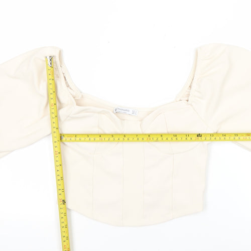 Stradivarius Women Ivory Cropped Puff Sleeve Blouse Size 8