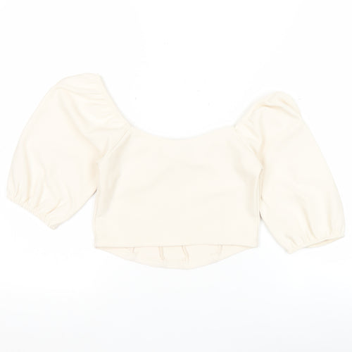 Stradivarius Women Ivory Cropped Puff Sleeve Blouse Size 8