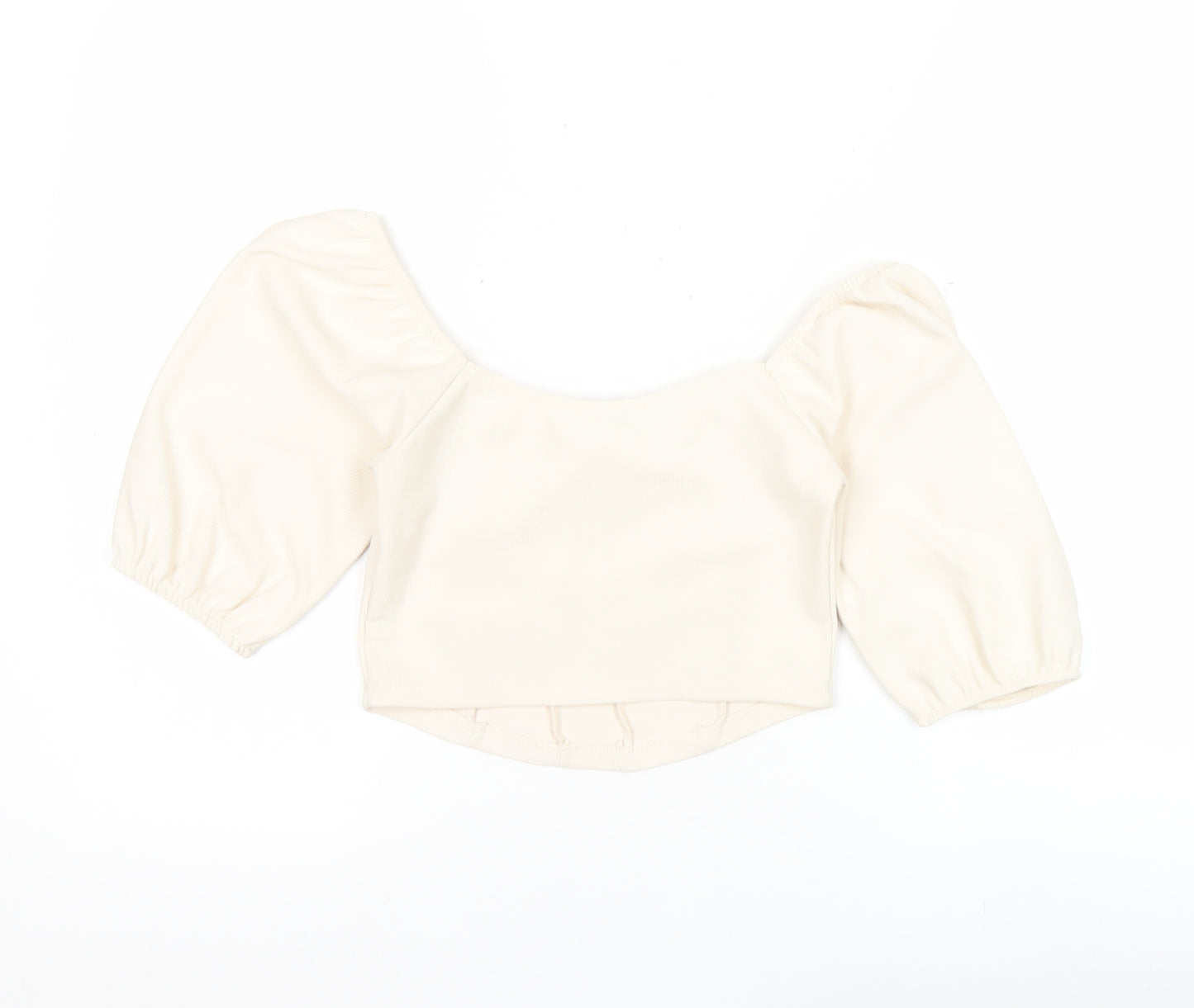 Stradivarius Women Ivory Cropped Puff Sleeve Blouse Size 8