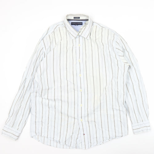 Tommy Hilfiger Men’s White Striped Cotton Long Sleeve Shirt Size 16.5-17