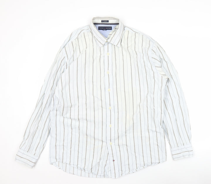 Tommy Hilfiger Men’s White Striped Cotton Long Sleeve Shirt Size 16.5-17