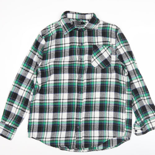 Bogari Men's Green Black White Plaid Flannel Shirt M Regular Long Sleeve