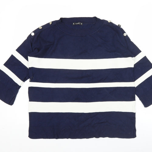 Dunes Women Blue Striped 3/4 Sleeve Crew Neck Button Blouse M