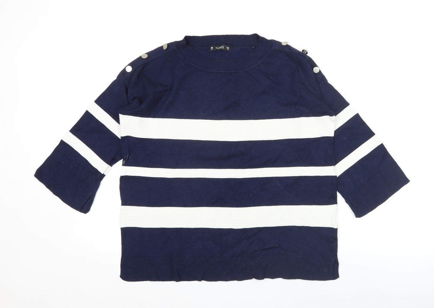 Dunes Women Blue Striped 3/4 Sleeve Crew Neck Button Blouse M