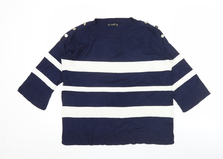 Dunes Women Blue Striped 3/4 Sleeve Crew Neck Button Blouse M
