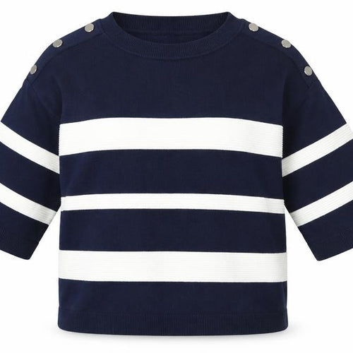 Dunes Women Blue Striped 3/4 Sleeve Crew Neck Button Blouse M