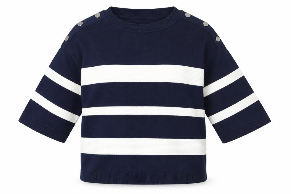Dunes Women Blue Striped 3/4 Sleeve Crew Neck Button Blouse M