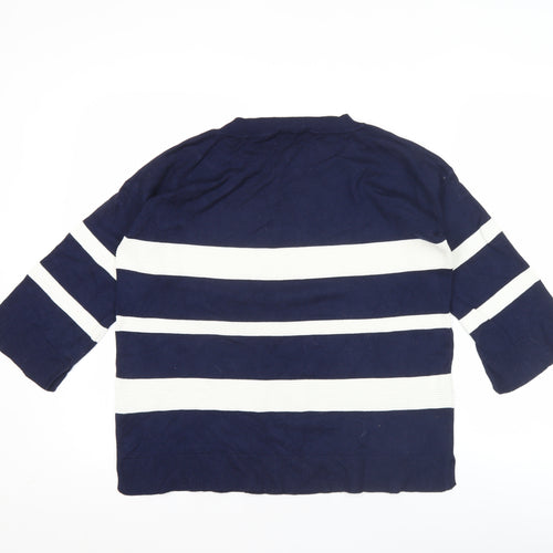 Dunes Women Blue Striped 3/4 Sleeve Crew Neck Button Blouse M