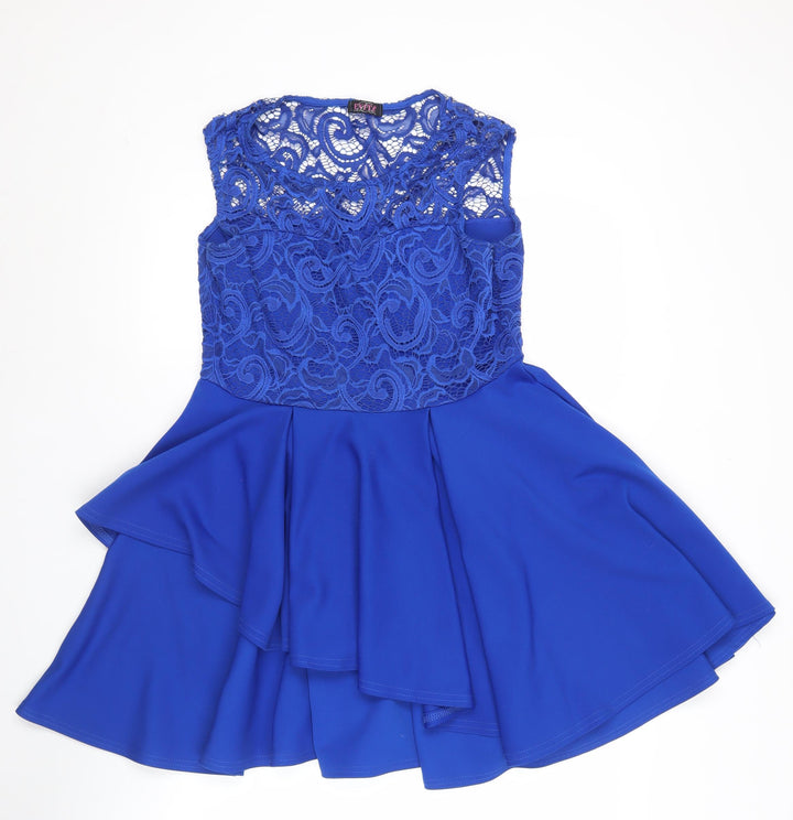 Evita Women’s Blue Lace Skater Dress Size 14 Sleeveless Party