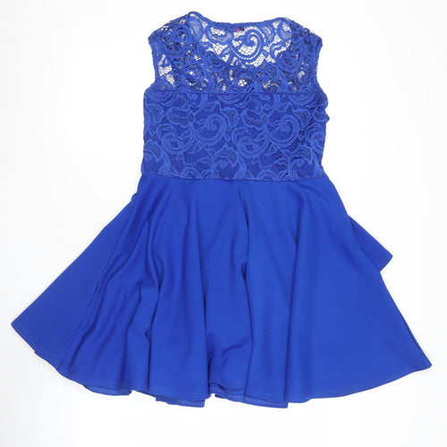 Evita Women’s Blue Lace Skater Dress Size 14 Sleeveless Party