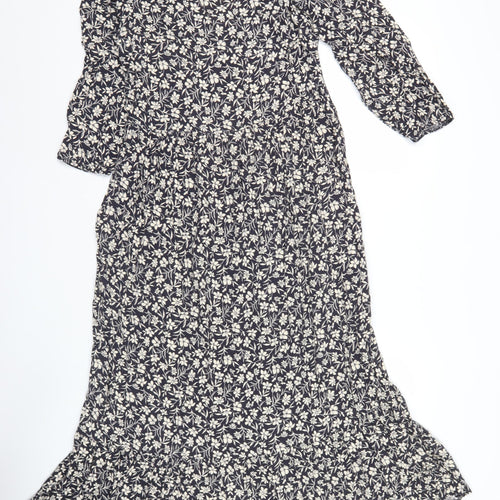 Primark Women’s Black Floral Midi A-Line Dress UK 8 Long Sleeve