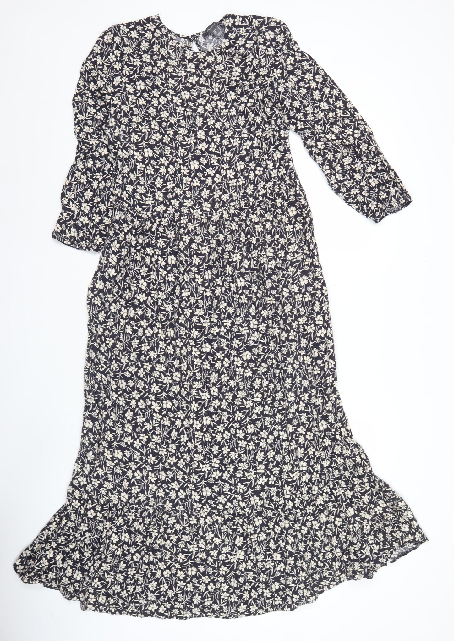 Primark Women’s Black Floral Midi A-Line Dress UK 8 Long Sleeve