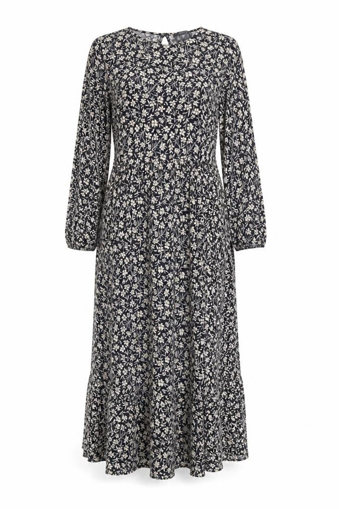 Primark Women’s Black Floral Midi A-Line Dress UK 8 Long Sleeve