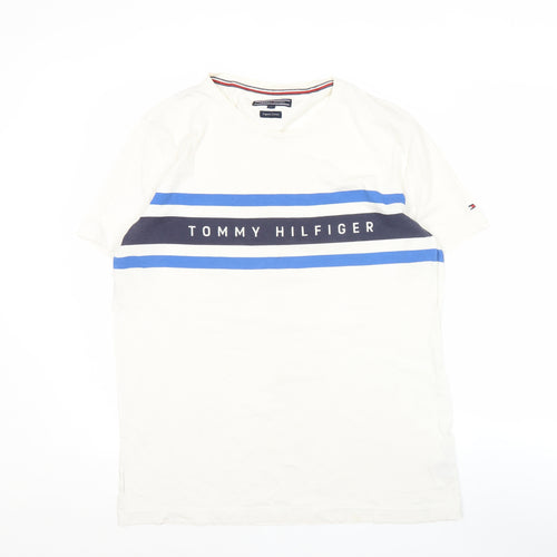 Tommy Hilfiger Men’s White Logo Stripe T-Shirt Size L Cotton