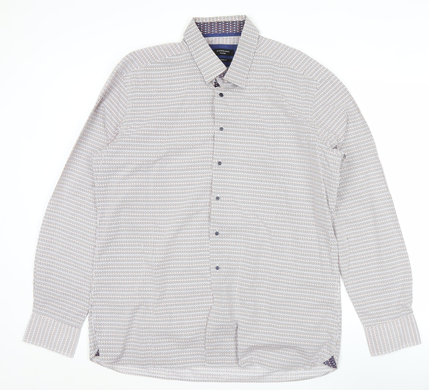 Giordano Men’s White Geometric Print XL Long Sleeve Cotton Shirt