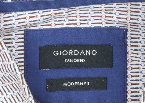 Giordano Men’s White Geometric Print XL Long Sleeve Cotton Shirt