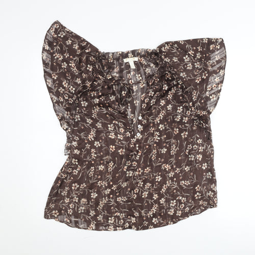 H&M Womens Brown Floral Chiffon Blouse Size 8 Flutter Sleeve